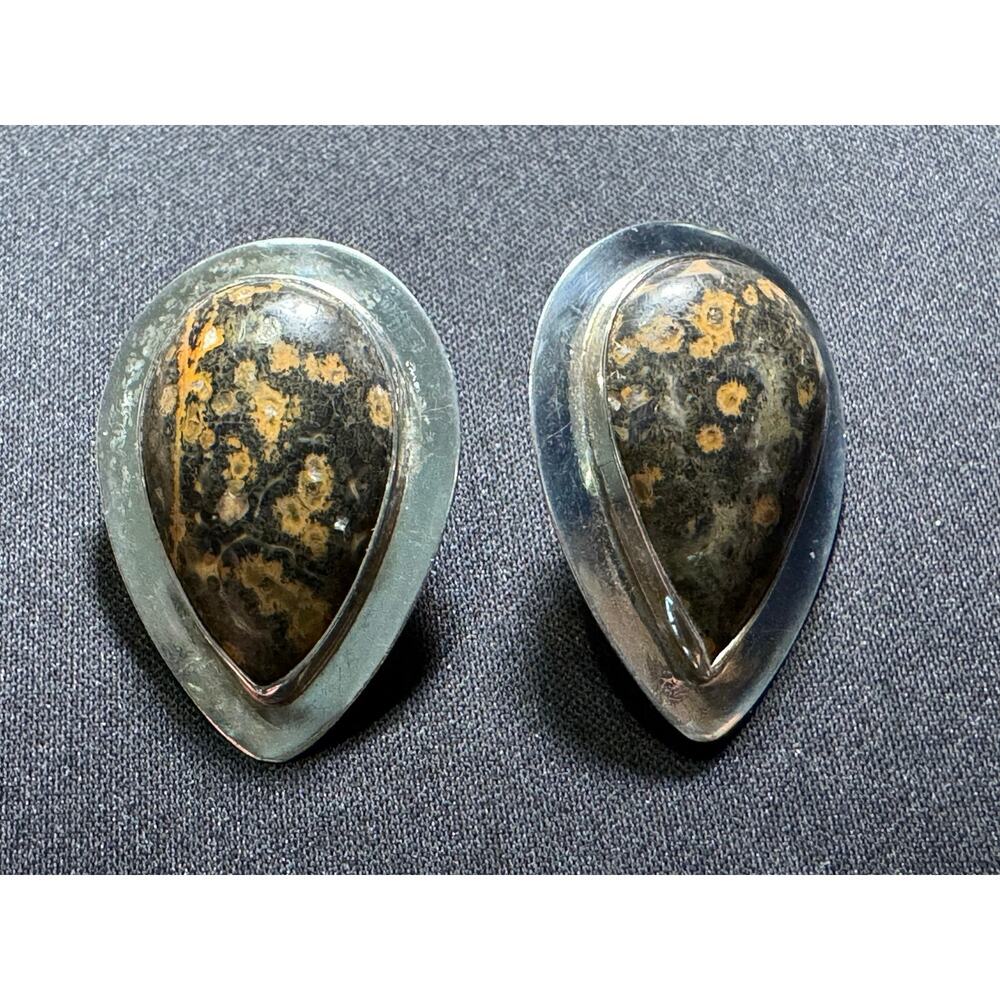 Vintage Sterling Great Falls Metalwork Orbicular Jasper Earrings